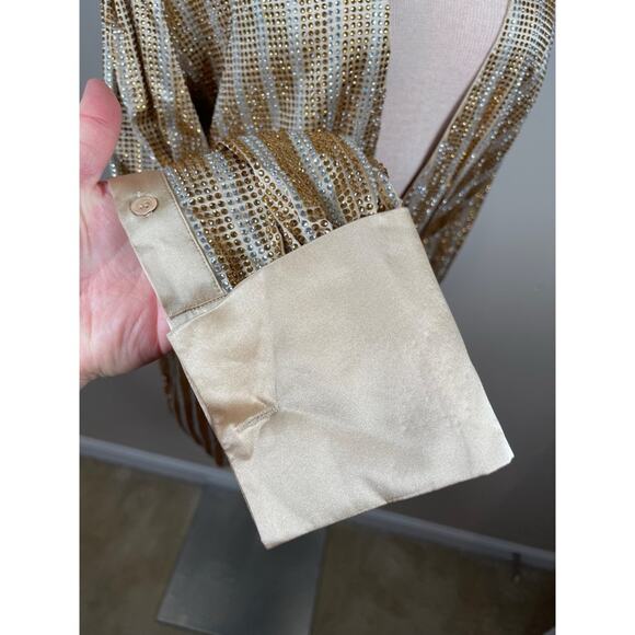 Retrofete Oliver Crystal Embellished Silk Long Sleeve Gold Mini Dress Sz Medium - Picture 8 of 11